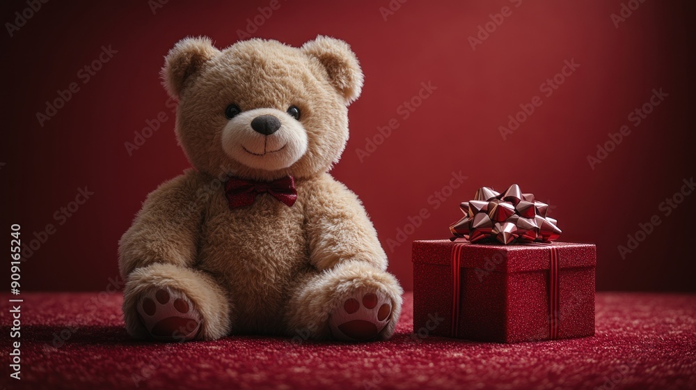 A delightful teddy bear sits beside a beautifully wrapped present A delightful teddy bear sits beside a beautifully wrapped present