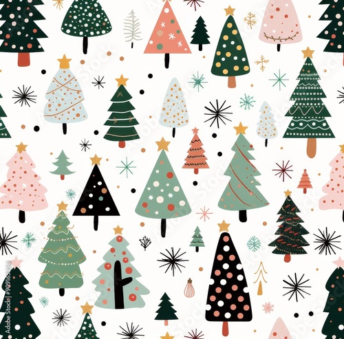 Festive Christmas Tree Pattern With Colorful Decor and Stars on White Background