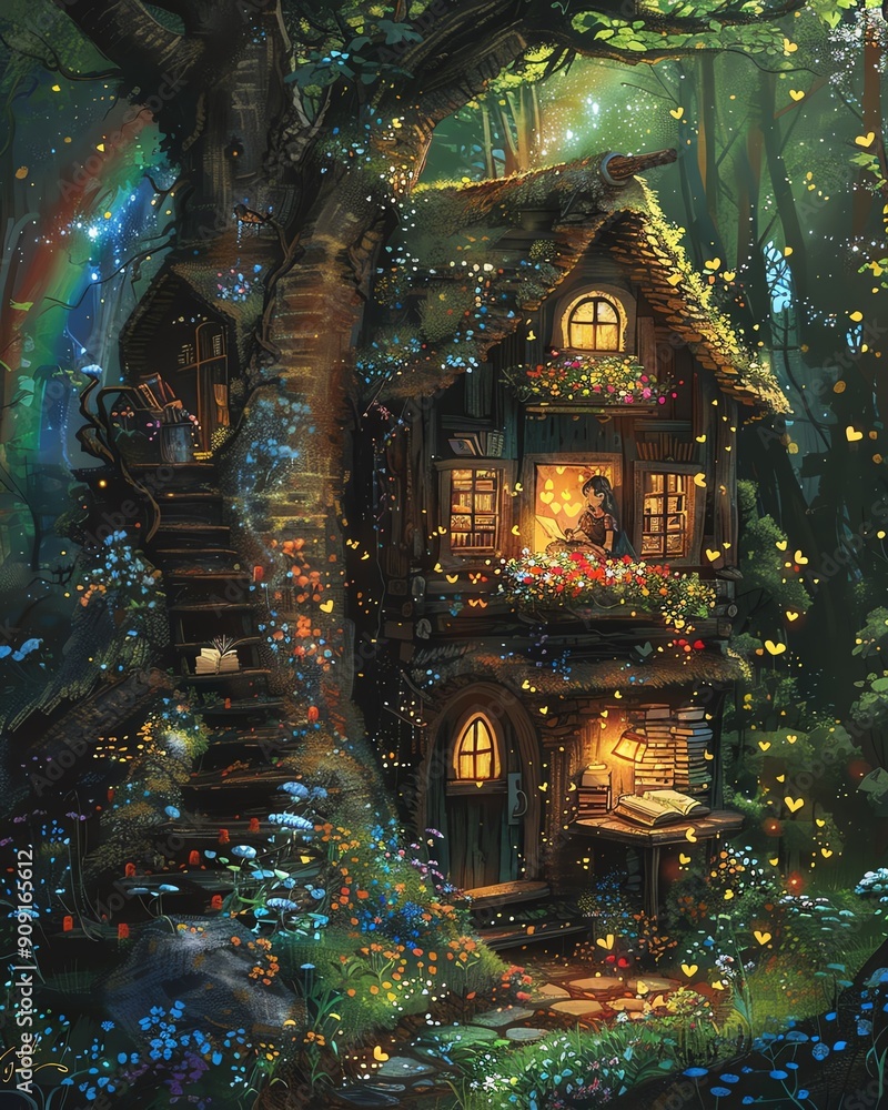 Obraz premium Enchanting treehouse in a magical forest with glowing lights, a rainbow, and fireflies creating a fairytale atmosphere.