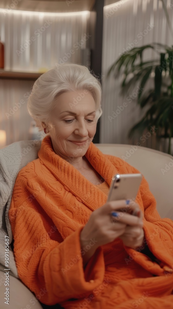 A senior woman relaxes on a couch, enjoying her smartphone while dressed warmly in an orange robe A senior woman relaxes on a couch, enjoying her smartphone while dressed warmly in an orange robe