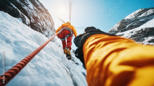 An adventure seeker climbs a rope up a steep icy mountain with a hovering helicopter above, showcasing human ambition and skill in extreme alpine conditions. photo