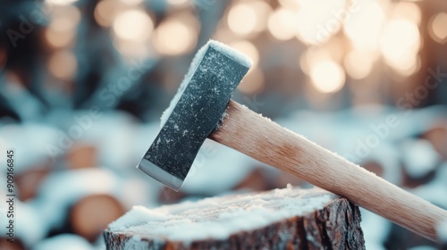 An axe standing on a snowy tree stump with a woodpile in the background, representing preparation for winter, cold weather tasks, and self-reliance in nature. photo