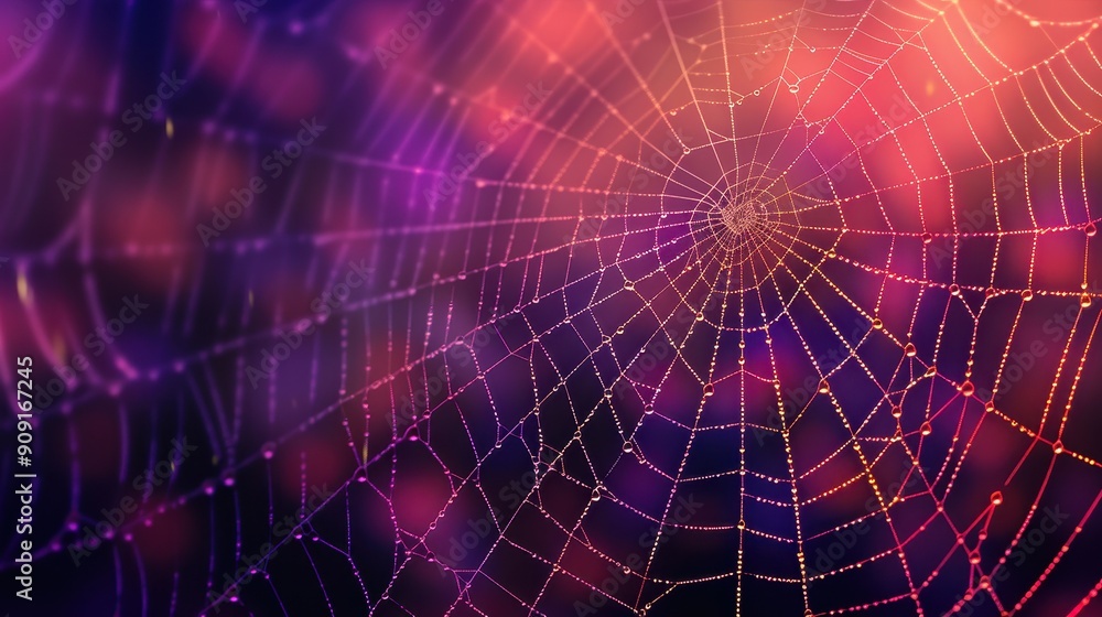 A delicate spider web sparkles with dewdrops under colorful light, creating a stunning visual effect A delicate spider web sparkles with dewdrops under colorful light, creating a stunning visual effect