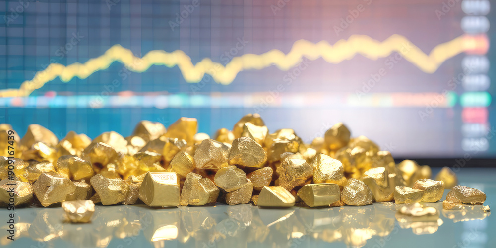 a bunch of gold stones against the background of the gold price trading chart