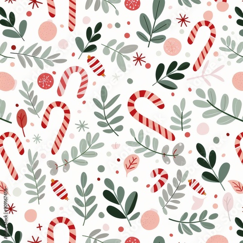 Festive Candy Canes and Winter Botanicals Pattern for Holiday Decor
