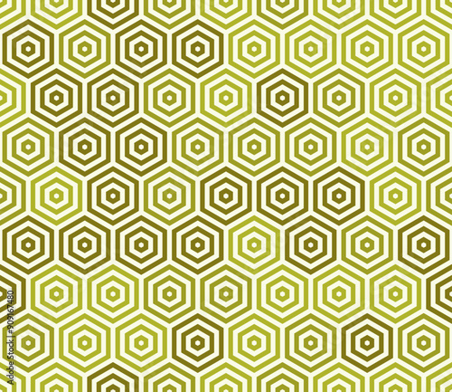 Abstract pattern of hexagon shapes. Stacked hexagon bold mosaic cell. Olive color tones. Hexagonal cells. Seamless pattern. Tileable vector illustration.