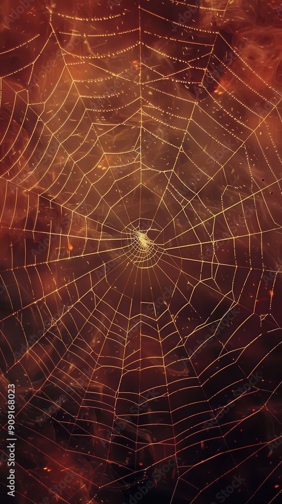 A delicate spider web catches morning light, showcasing its intricate patterns against a deep brown backdrop A delicate spider web catches morning light, showcasing its intricate patterns against a deep brown backdrop