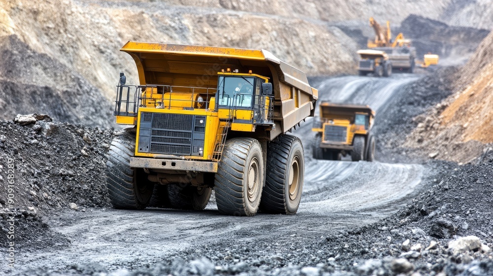 Heavy machinery operates in a mining site, transporting materials along rugged terrain, showcasing industrial work in action. Heavy machinery operates in a mining site, transporting materials along rugged terrain, showcasing industrial work in action.