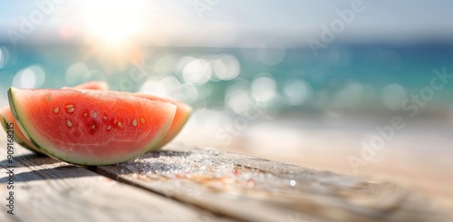 Refreshing Watermelon Slices on Beachside Table During Sunset