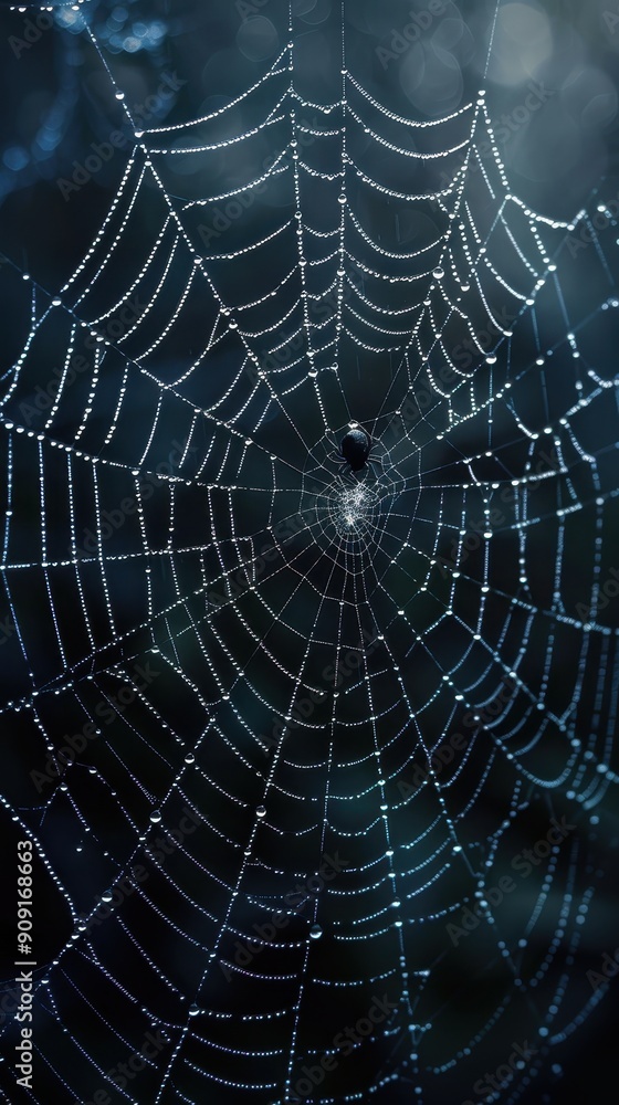 A spider web adorned with drops of dew catches sunlight in a serene forest A spider web adorned with drops of dew catches sunlight in a serene forest