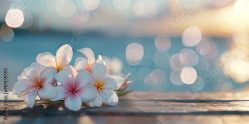 Delicate Frangipani Flowers on a Seaside Wooden Table at Sunset