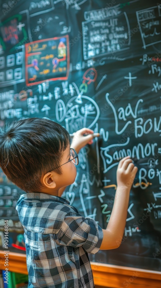 A child enthusiastically writes equations on a blackboard during a classroom lesson A child enthusiastically writes equations on a blackboard during a classroom lesson
