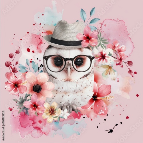 Stylish Owl Surrounded by Flowers on a Soft Pink Background