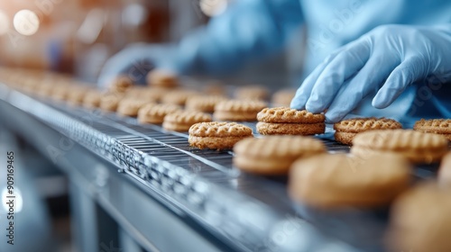 A food processing factory setting showing rows of cookies being carefully handled and processed on an assembly line by a worker wearing blue protective gloves and uniform.