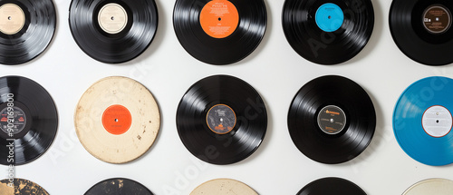 Classic vinyl records with unique covers displayed on white background