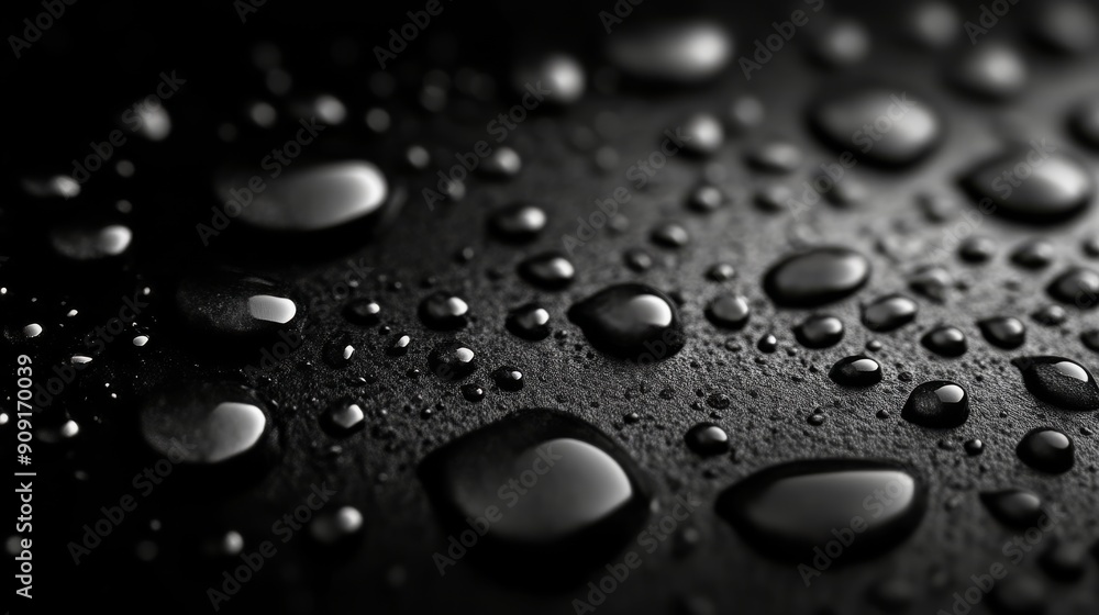 Water droplets on a black surface, close-up, detailed texture. Abstract concept Water droplets on a black surface, close-up, detailed texture. Abstract concept