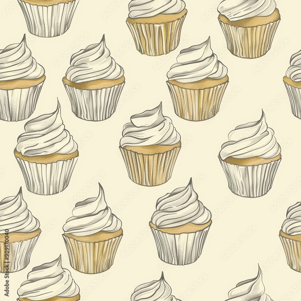 Hand-Drawn Vanilla Cupcakes Seamless Pattern Illustration Hand-Drawn Vanilla Cupcakes Seamless Pattern Illustration