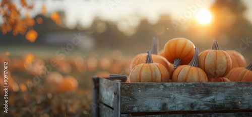 Freshly Harvested Pumpkins in a Rustic Wooden Crate at an Autumn Farm