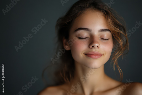 A close up of a girl's face with her eyes closed