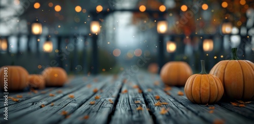 Pumpkins Lining a Foggy Wooden Pathway During Rainy Autumn Afternoon