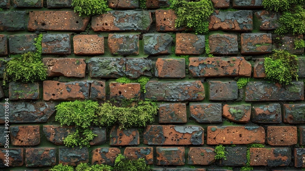 Rustic brick wall texture with weathered details and moss accents Rustic brick wall texture with weathered details and moss accents