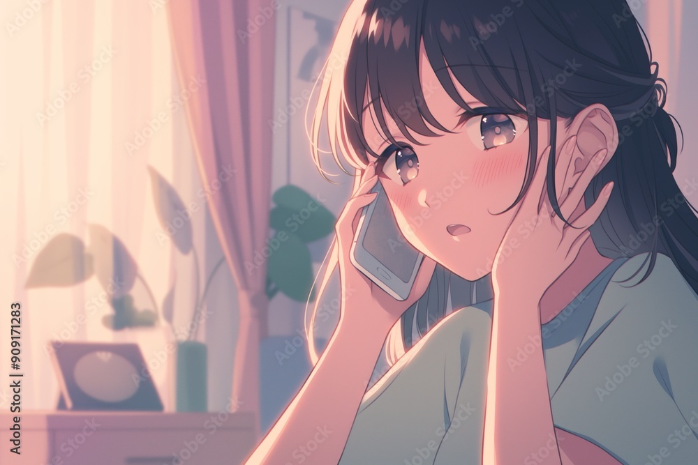 A Young Woman Engaged in a Phone Conversation Amid a Cozy and Comfortable Setting. woman is engaged in a lively phone call, surrounded by warm, inviting lighting and lush green plants. Anime A Young Woman Engaged in a Phone Conversation Amid a Cozy and Comfortable Setting. woman is engaged in a lively phone call, surrounded by warm, inviting lighting and lush green plants. Anime