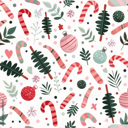 Festive Candy Canes and Winter Botanicals Pattern for Holiday Decor