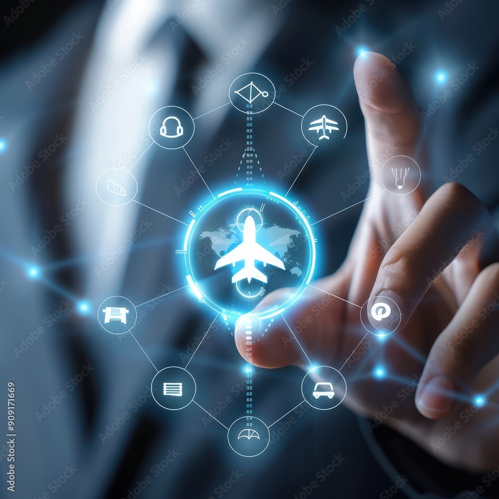 Businessman interacting with a futuristic digital interface focused on aviation and travel technology concepts. Businessman interacting with a futuristic digital interface focused on aviation and travel technology concepts.