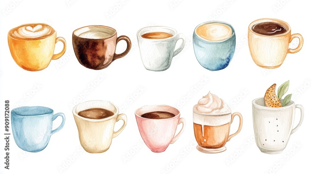 Coffee cup collection on white background. Watercolor coffee cup illustrations Coffee cup collection on white background. Watercolor coffee cup illustrations
