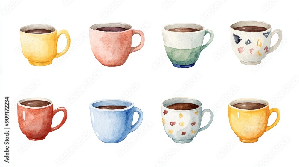 Coffee cup collection on white background. Watercolor coffee cup illustrations Coffee cup collection on white background. Watercolor coffee cup illustrations