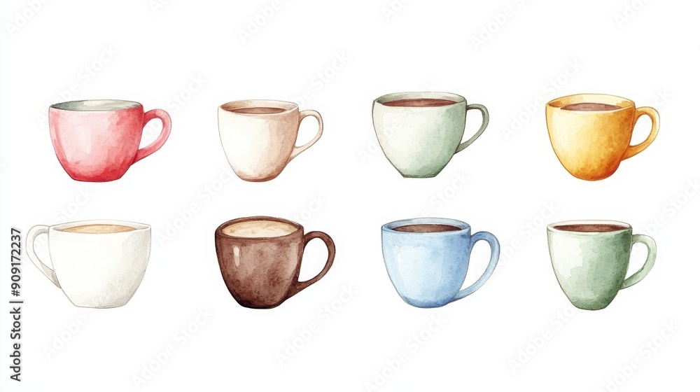 Coffee cup collection on white background. Watercolor coffee cup illustrations Coffee cup collection on white background. Watercolor coffee cup illustrations