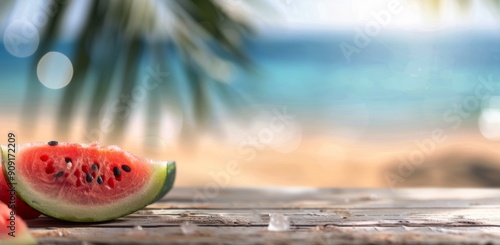Refreshing Watermelon Slices on Beachside Table During Sunset