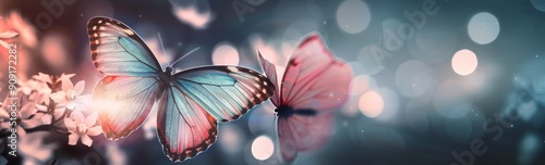 Blue and Pink Butterflies on a Smooth Surface in Soft Lighting