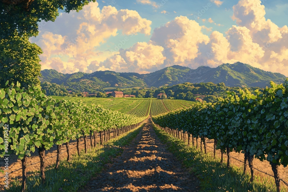 Obraz premium Sunny vineyard with rows of grapevines a rustic wine cellar wooden barrels and a scenic view of rolling hills in the background illustrated in warm inviting colors anime style