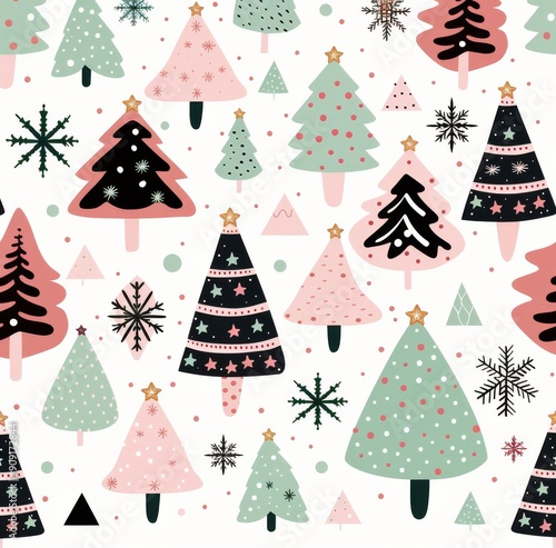 Festive Christmas Tree Pattern With Colorful Decor and Stars on White Background