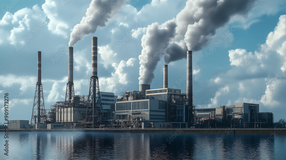 Industrial Power Plant with Smoke Stacks and Water Reflection Industrial Power Plant with Smoke Stacks and Water Reflection