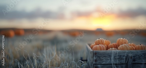 Freshly Harvested Pumpkins in a Rustic Wooden Crate at an Autumn Farm