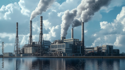 Wallpaper Mural Industrial Power Plant with Smoke Stacks and Water Reflection Torontodigital.ca
