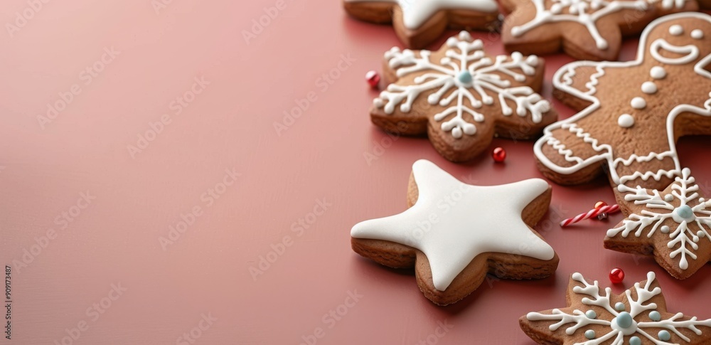 Festive Gingerbread Cookies Arranged on a Red Background for Holiday Celebrations Festive Gingerbread Cookies Arranged on a Red Background for Holiday Celebrations