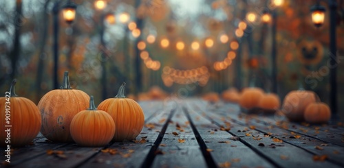 Pumpkins Lining a Foggy Wooden Pathway During Rainy Autumn Afternoon