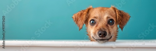 Small Dog in a Bath Staring Up Against a Colorful Background