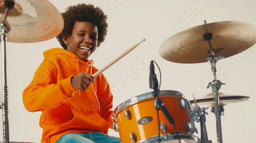 Young african american boy playing drums with a smile