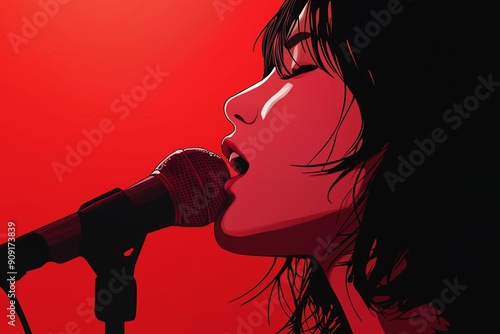 Powerful Vocalist is Exceptionally Captured in Striking Red Lighting That Grabs Instant Attention. strikingly silhouette of singer passionately performing into microphone during vibrant show. Anime