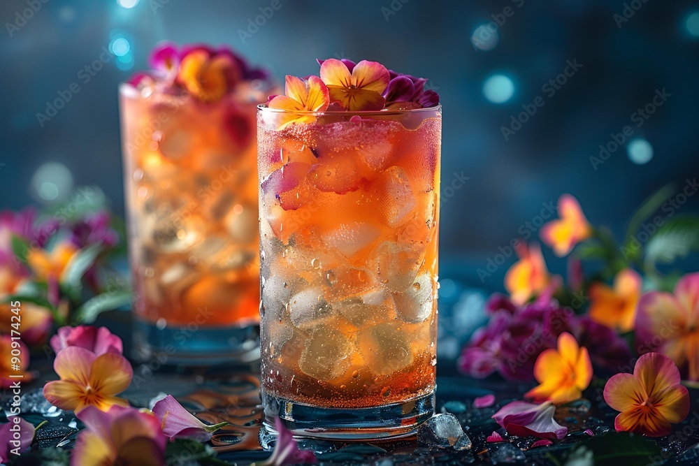 a couple of glasses with ice and flowers.
a couple of glasses with ice and flowers.