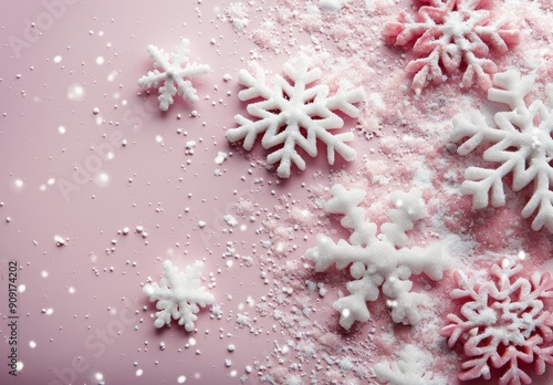Snowflakes Spread Across a Soft Pink Surface in Winter Decor
