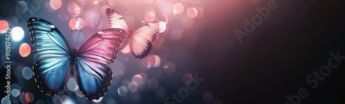 Blue and Pink Butterflies on a Smooth Surface in Soft Lighting