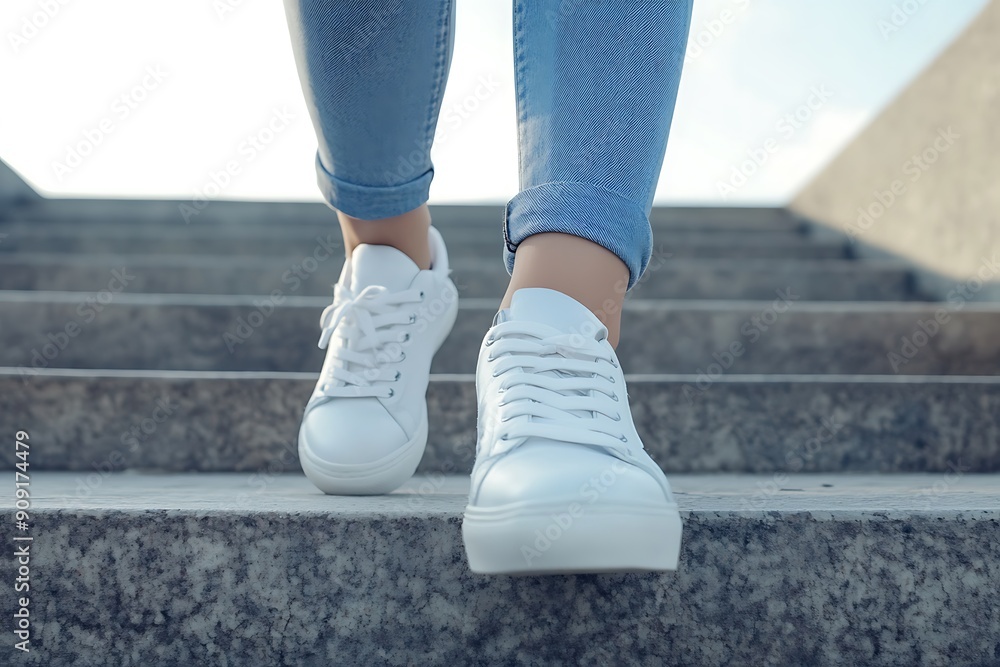 Close-up of white sneakers on concrete steps. Close-up of white sneakers on concrete steps.