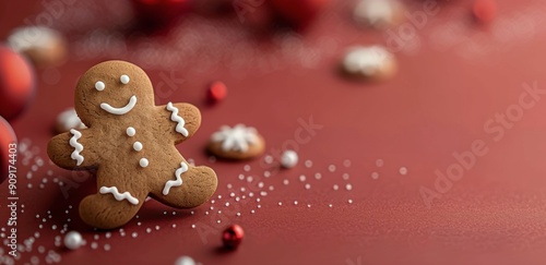 Cheerful Gingerbread Cookie Decorated With Icing on Festive Background