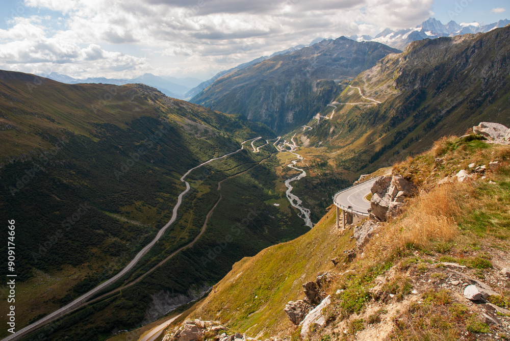 Fototapeta premium View down the upper Rhone Valley from the Furka Pass, leading to Gletsch and Grimsel Pass in Obergoms