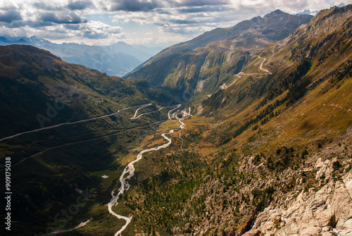 Photos View down the upper Rhone Valley from the Furka Pass, leading to Gletsch and Gri